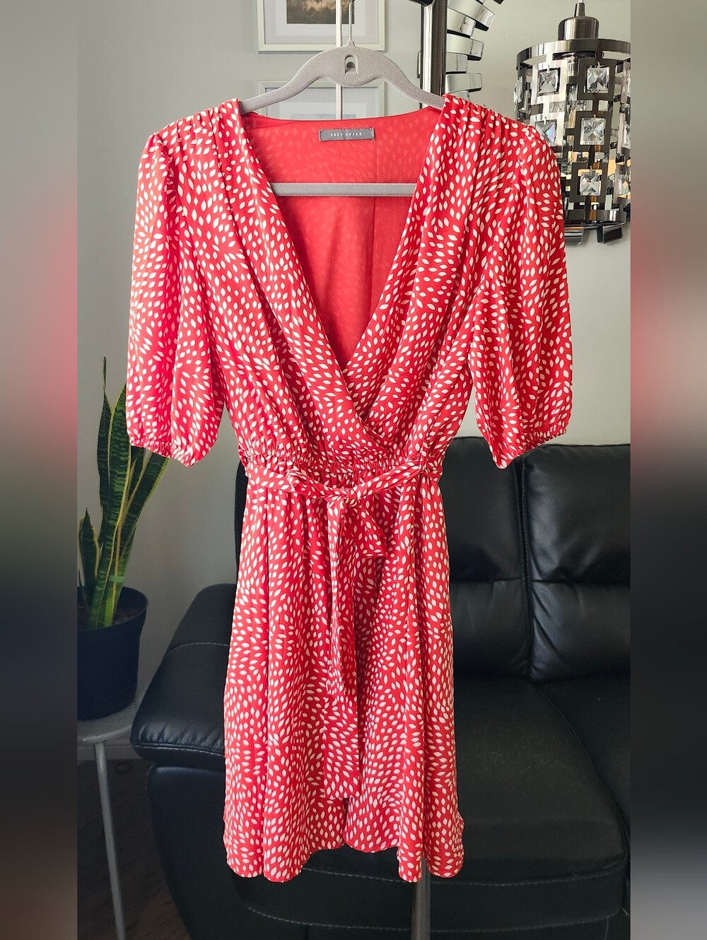 Suzy Shier Red Printed Wrap Dress with White Speckle Print